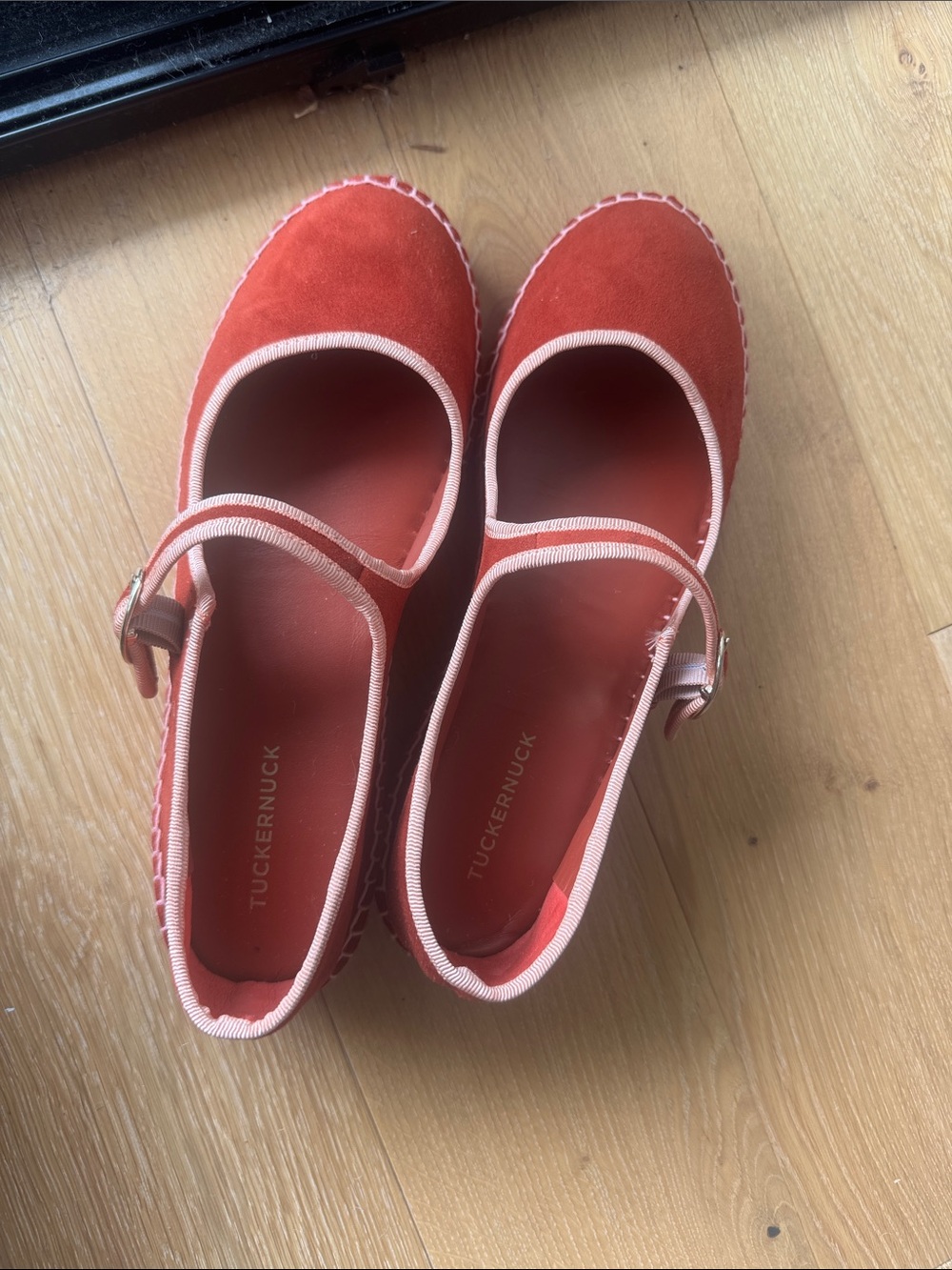Tuckernuck Coral-Trim Suede Mary Jane Espadrilles